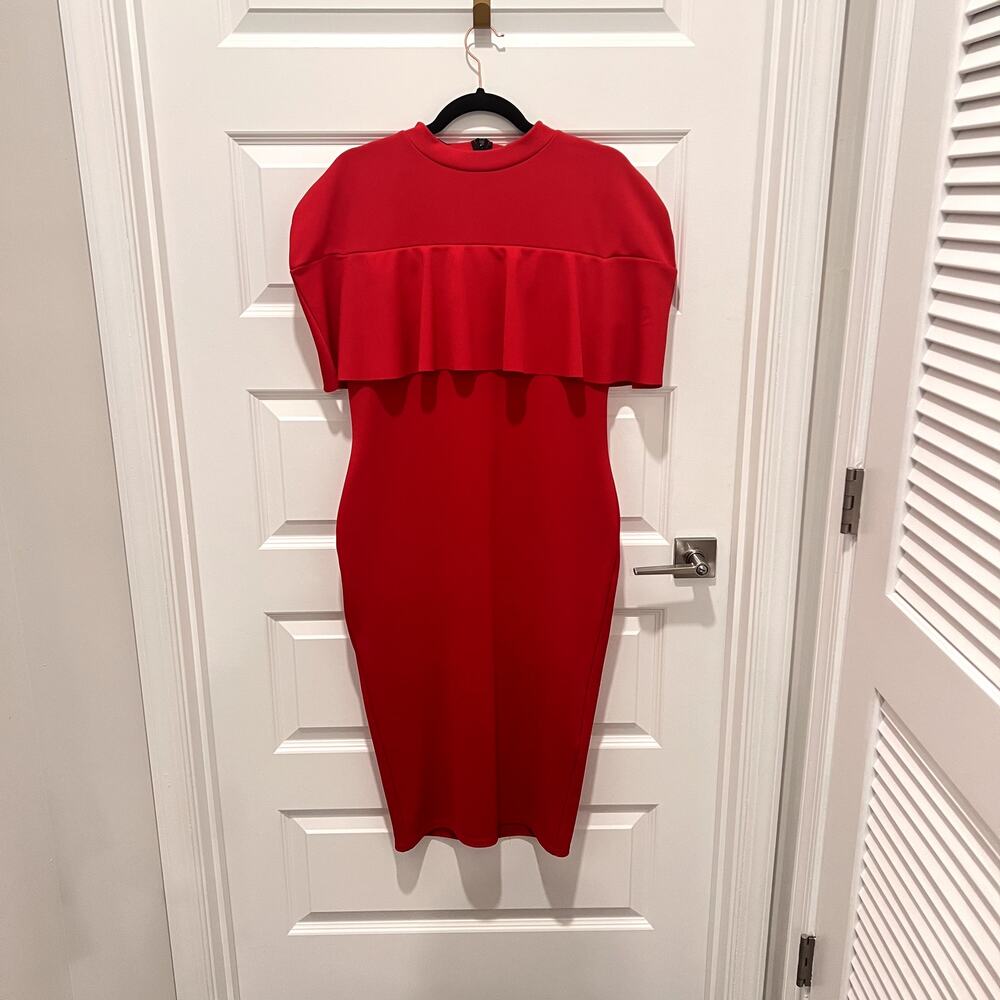 Missguided Red Scuba Cape Overlay Bodycon Midi Dress US12 Statement Party